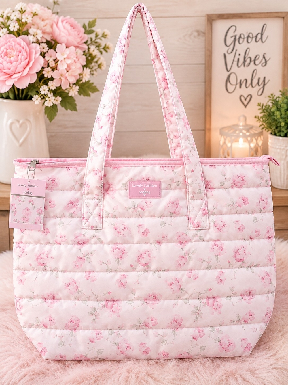 Loveshack Fancy x Target Yoobi Pink Floral Quilted Tote Bag